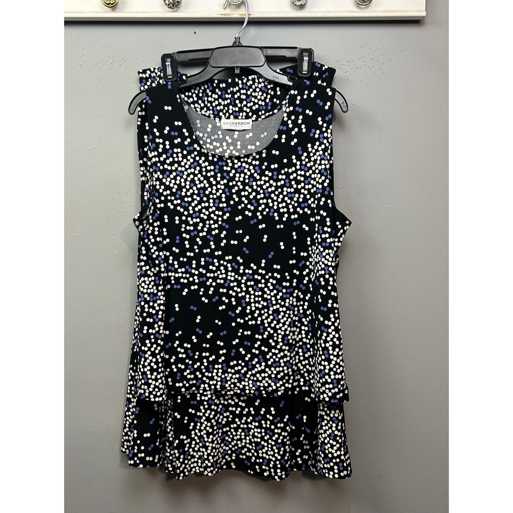 Sag Harbor Skirt Set Womens XL Black Blue Dot Sleeveless Top Midi Skirt Stretch
